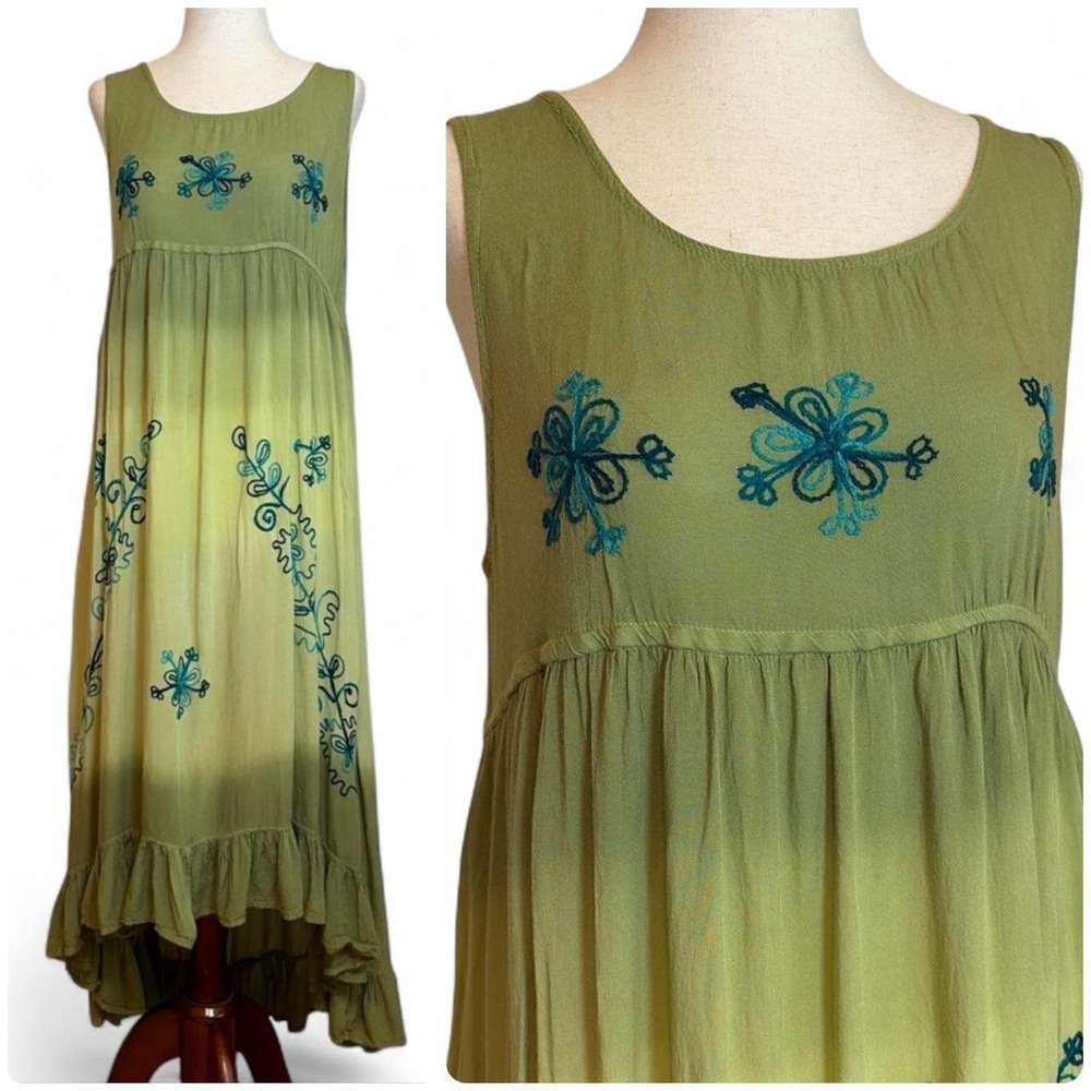 Vintage Y@K Just Be Gauzy flowy olive embroidered summer dress
